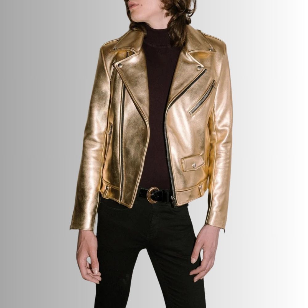 Blouson cuir doré homme – Biker métallisé agneau luxe