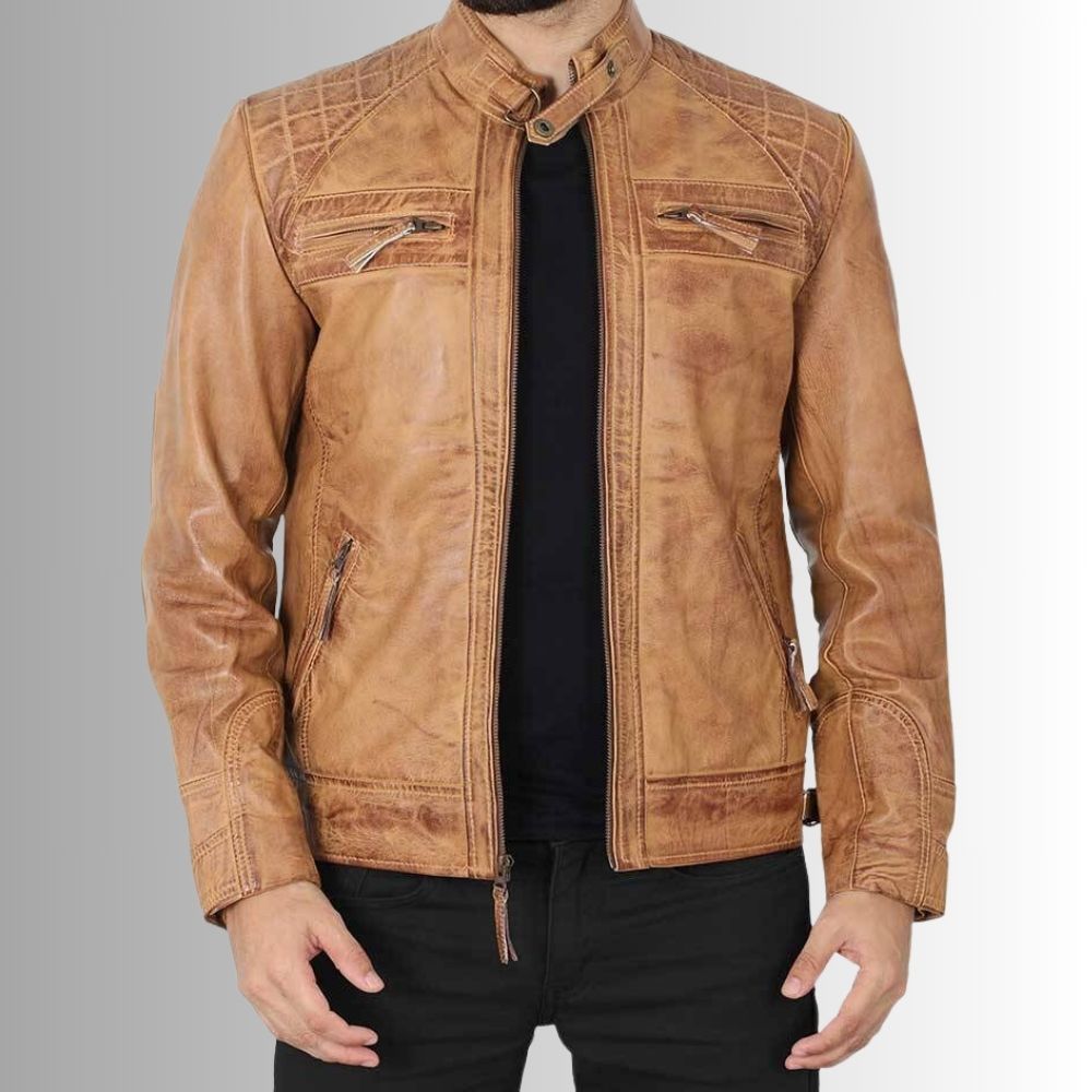 Camel Rider – Veste cuir camel homme matelassée – Style motard vintage