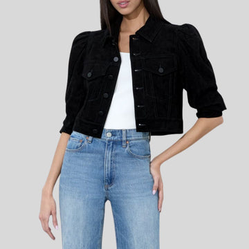 Velvet Puff – Veste Courte Daim Noir Femme à Manches Bouffantes
