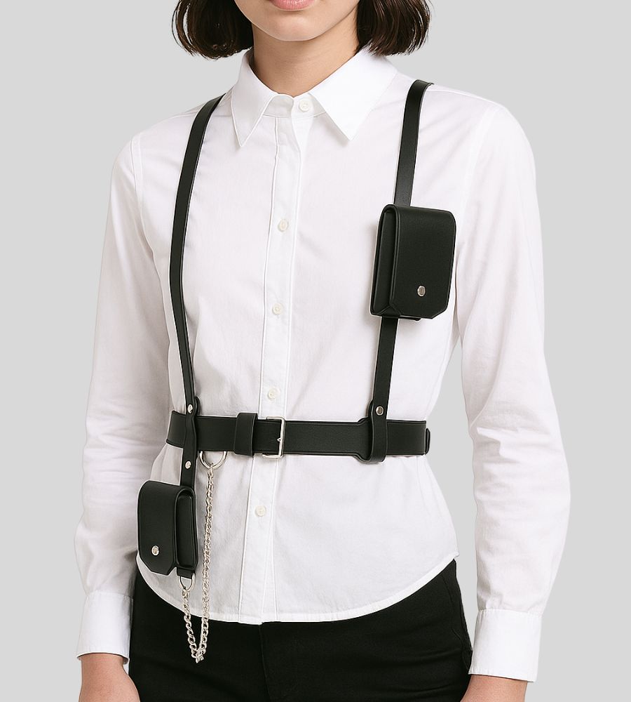 PocketLink™ – Harnais Cuir Noir avec Chaîne Métallique et Pochettes