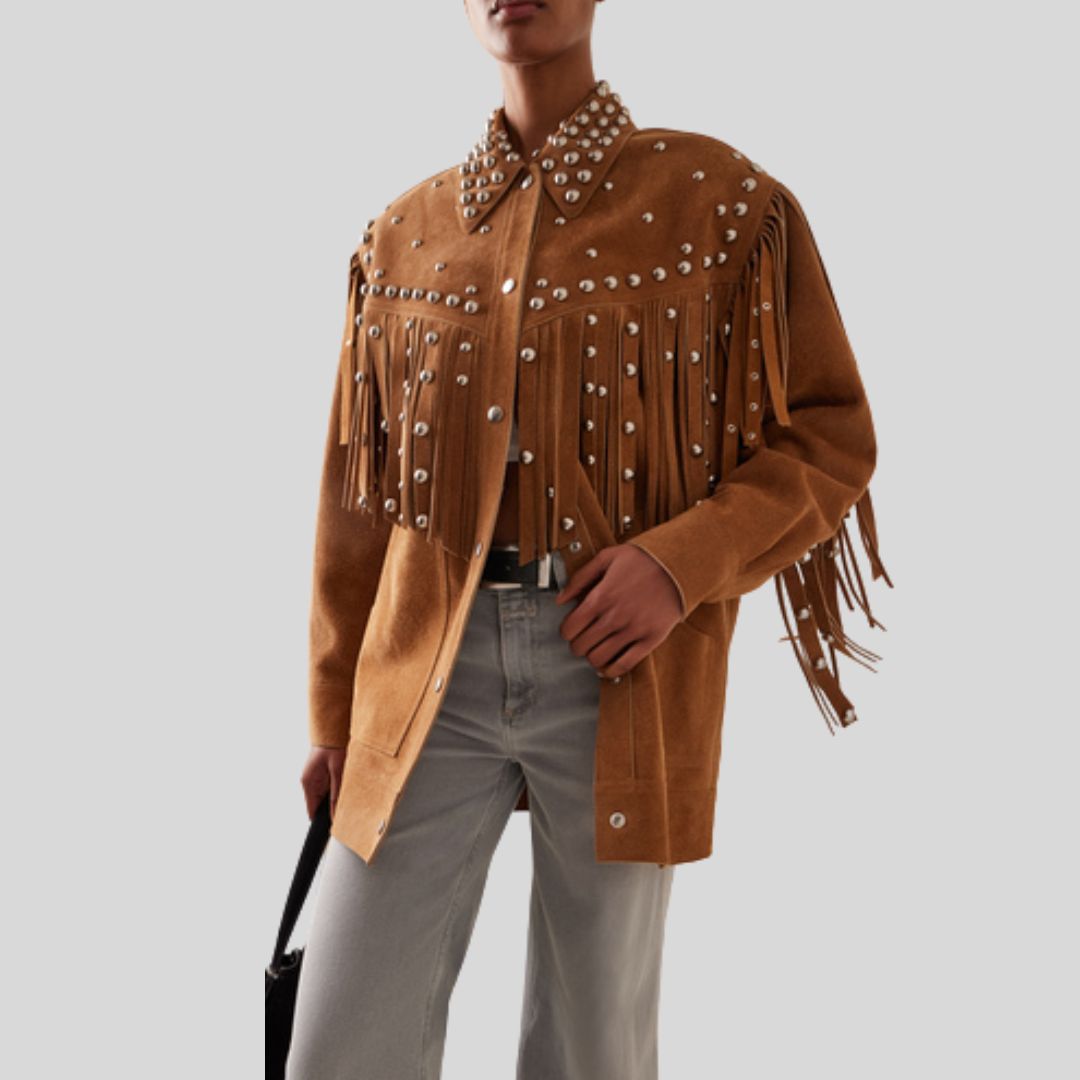 Sierra Blaze – Veste Longue Femme en Daim à Franges et Clous Métalliques