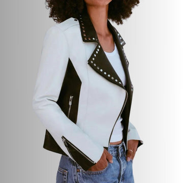 Veste Cuir Noir Et Blanc Pour Femme - Perfecto à l'occidentale