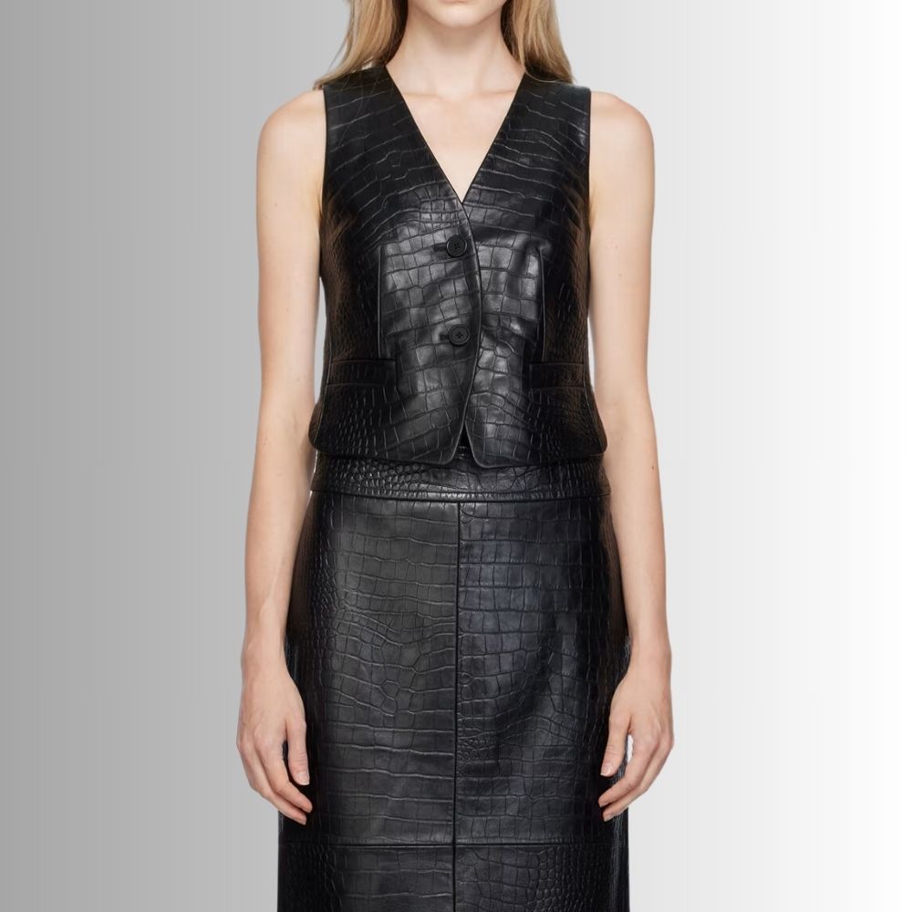 Veste Cuir Femme Sans Manche - Noir-Gaufré