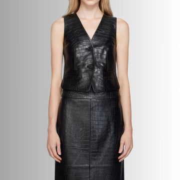 Veste Cuir Femme Sans Manche - Noir-Gaufré