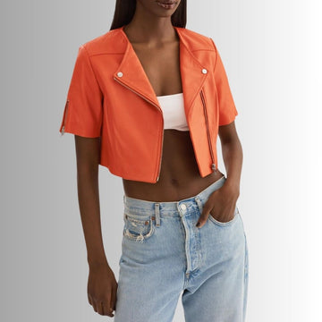 Blouson Cuir Femme Orange - Manches Courtes