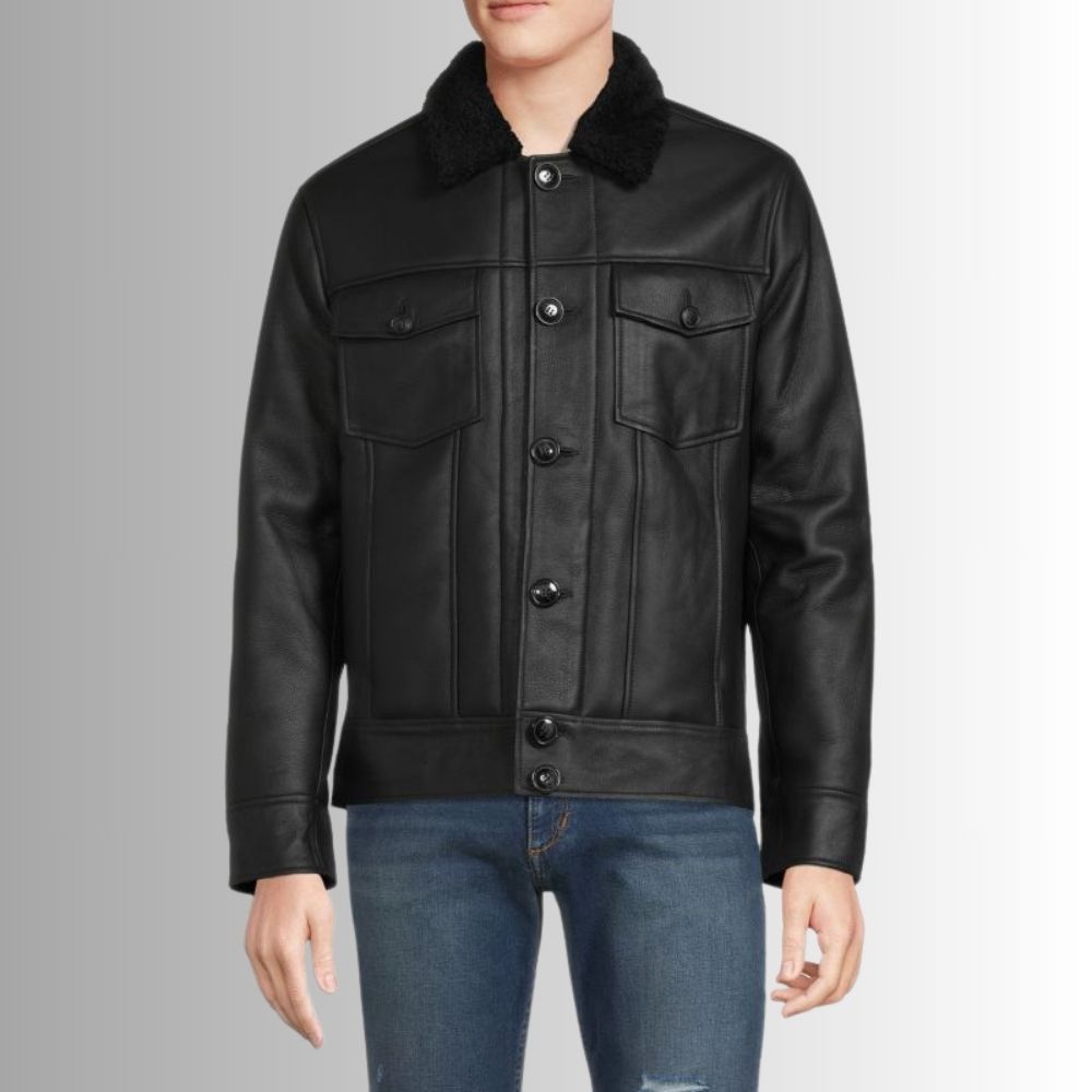 Noir Mouton – Veste cuir noire homme – Col en peau de mouton