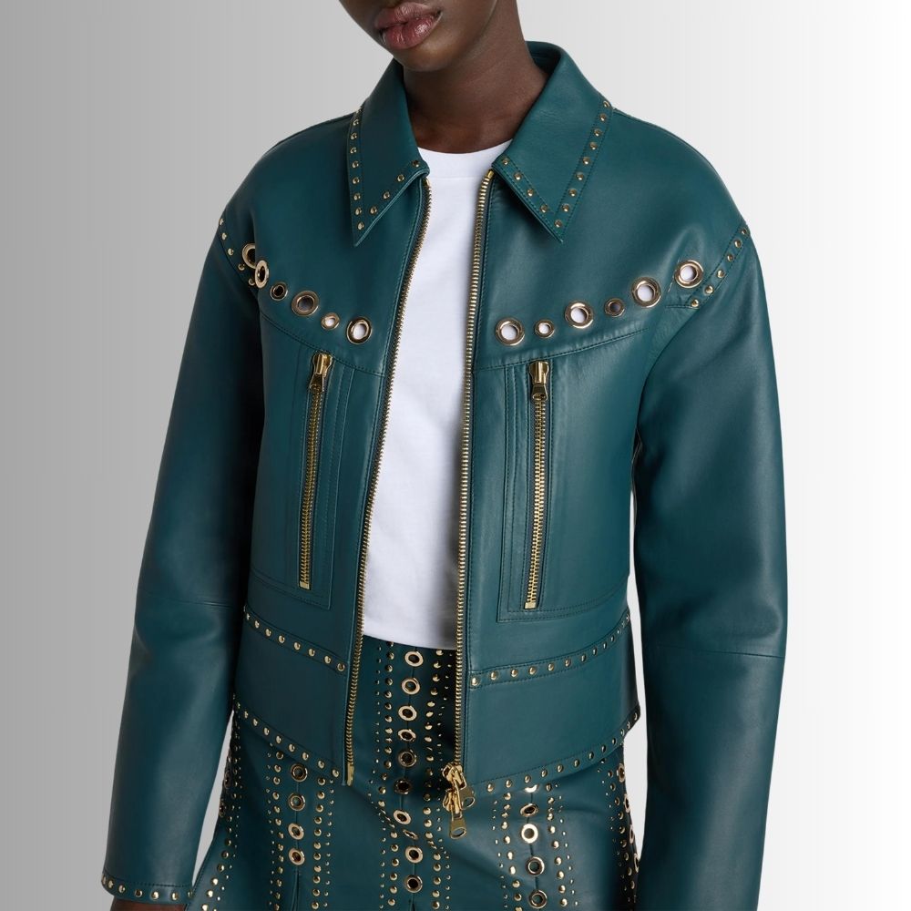 JadeBolt – Veste Cuir Femme Clouée – Détails Dorés Chic