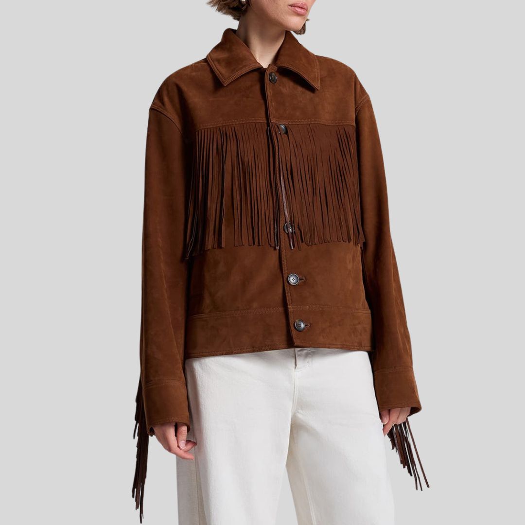 Rodeo Luxe – Veste à Franges en Daim Marron Foncé pour Femme