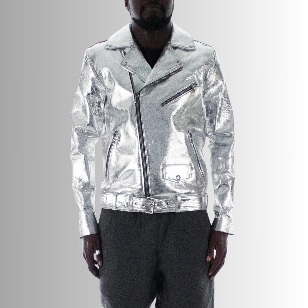 Silver Riot – Veste Cuir Homme Métallisée – Perfecto Argent Brillant