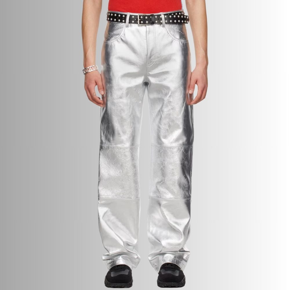 Pantalon Cuir Agneau Homme -Argent Gaufré