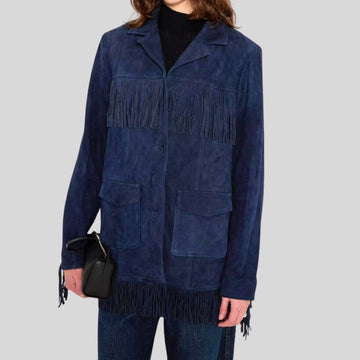 Veste en Daim à Frange Bleu Femme
