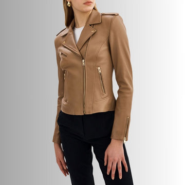 Blouson Moto En Cuir Femme - Marron