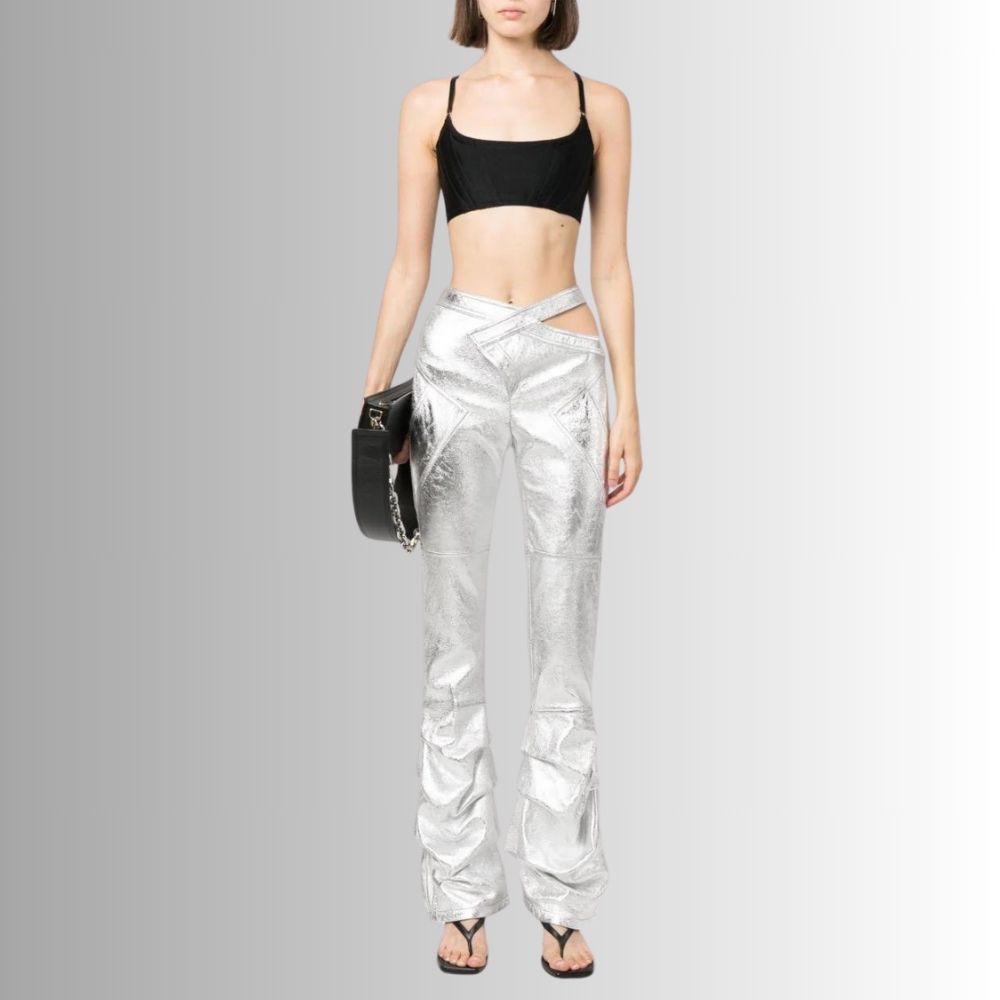 Pantalon Cuir Femme Sexy - Style évasé à effet métallisé