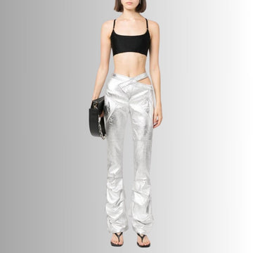 Pantalon Cuir Femme Sexy - Style évasé à effet métallisé
