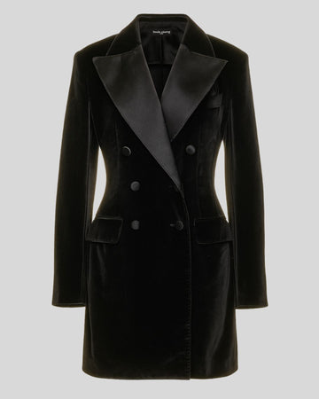 Blazer Femme Velours Noir – Long, Cintré, Double Boutonnage