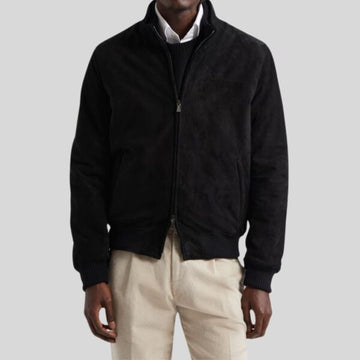 Atlas Veste En Daim Noir Homme à Col Montant Zippé