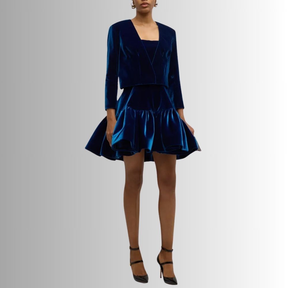 Veste Cropped Velours Bleu Femme – Design Élégant