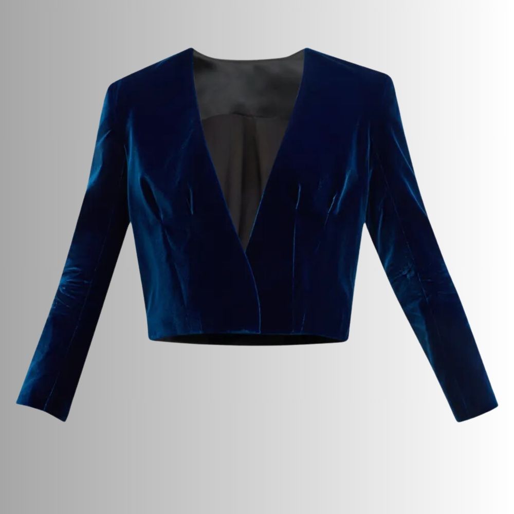 Veste Cropped Velours Bleu Femme – Design Élégant