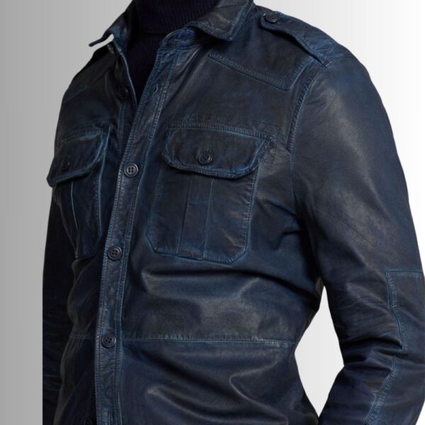 NavyDyed – Veste Cuir Homme Bleu Vintage à Poches Cargo