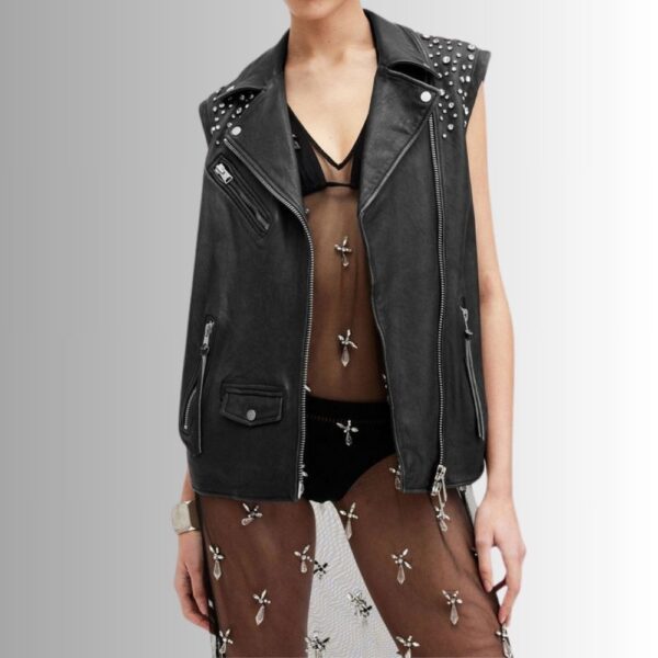 Femme Gilet en Cuir Noir Clouté Style Western – Mode Tendance