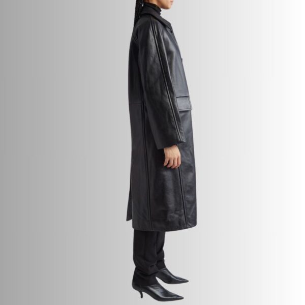 Manteau En Cuir Noir Femme - Longue Coupe Élégante Avec Boutons | Veste française