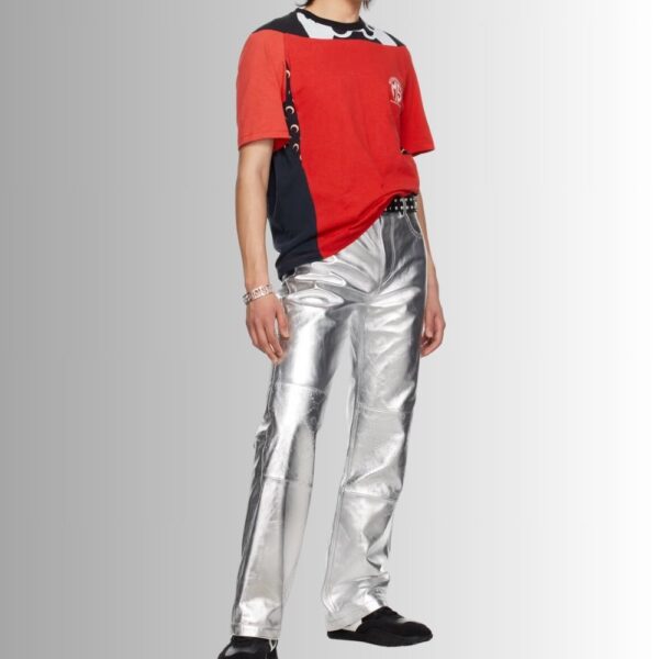 Pantalon Cuir Agneau Homme -Argent Gaufré