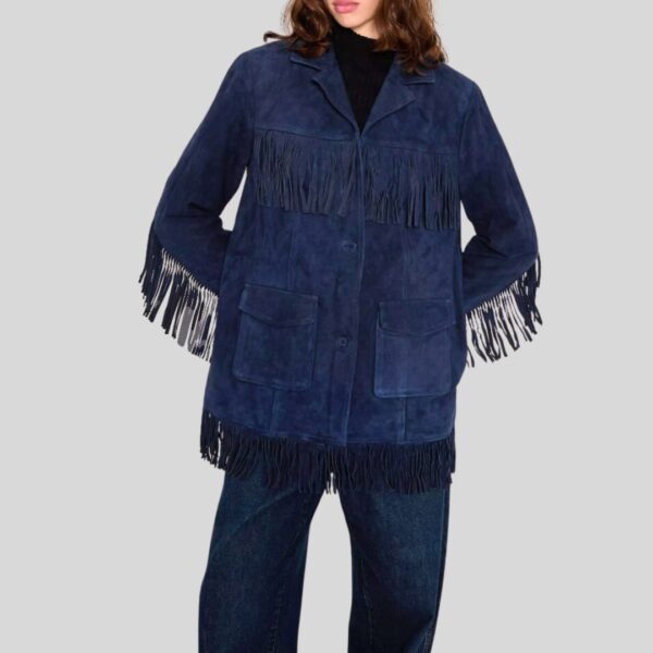 Veste en Daim à Frange Bleu Femme