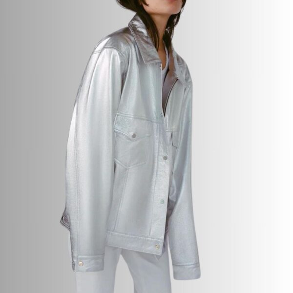 Veste En Cuir Femme Argenté - Style Surdimensionné - Finition Métallique