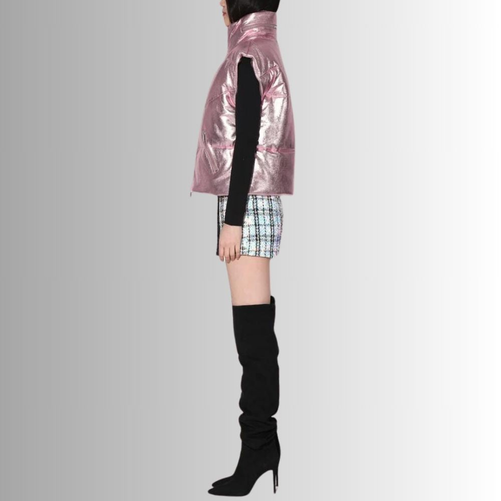 Gilet Bouffant en Cuir Métallique Rose pour Femmes - Style Moderne