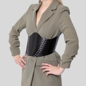 Ceinture Corset en Cuir Véritable Noir Femme avec Clous Métalliques