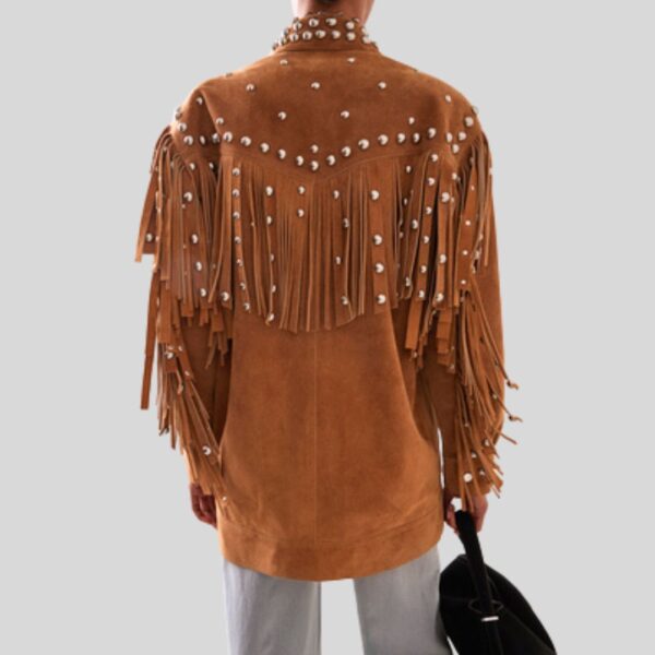 Sierra Blaze – Veste Longue Femme en Daim à Franges et Clous Métalliques