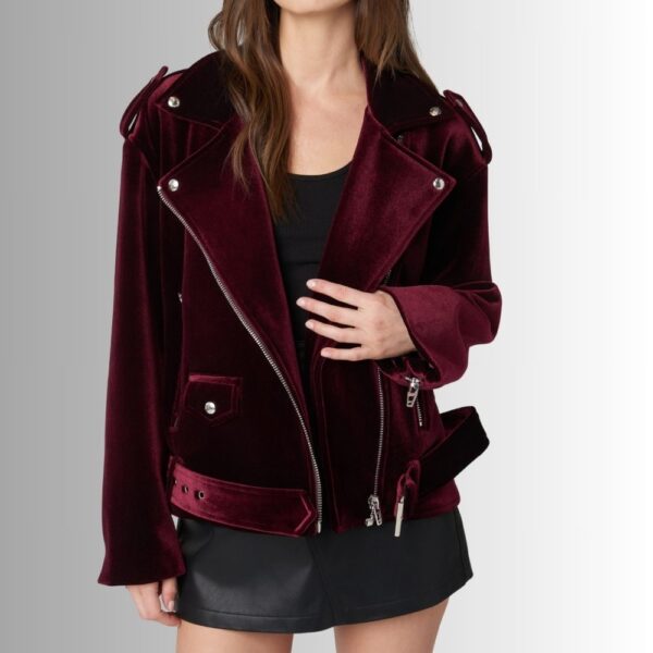 Veste Moto Femme Bordeaux en Velours – Coupe Asymétrique Chic