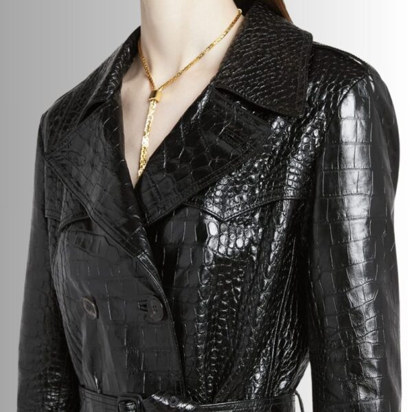 Manteau Cuir Noir Femme Effet Croco - Design Chic Ceinturé | VESTE FRANÇAISE