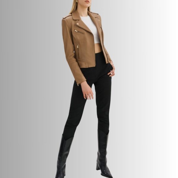 Blouson Moto En Cuir Femme - Marron