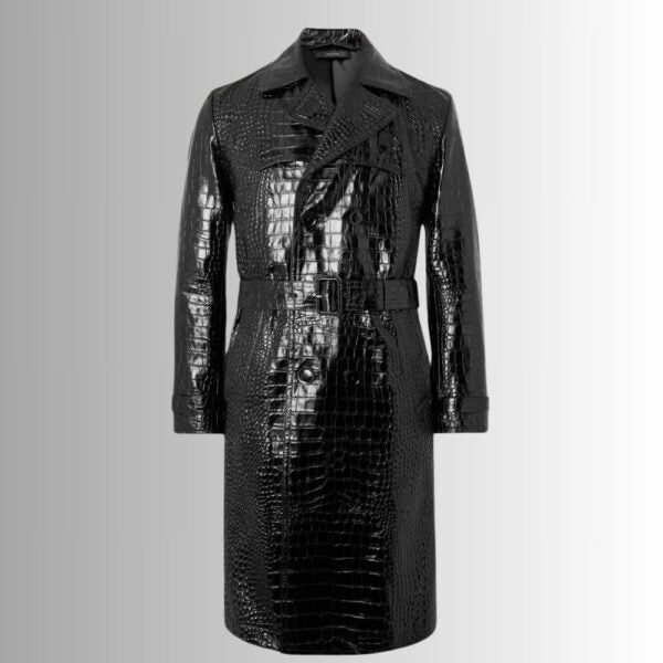 Manteau En Cuir Noir Homme en Cuir de Mouton avec Effet Croco