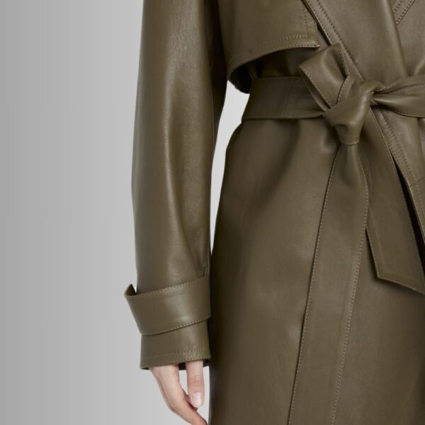 Manteau Cuir Vert Olive Femme - Longue Veste Ceinturée Élégante | Veste française