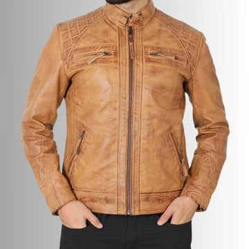 Camel Rider – Veste cuir camel homme matelassée – Style motard vintage