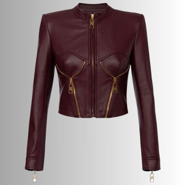 Veste Cuir Femme Bourgogne en Agneau avec Col Montant et Détails Zip