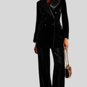 Blazer Femme Velours Noir – Long, Cintré, Double Boutonnage