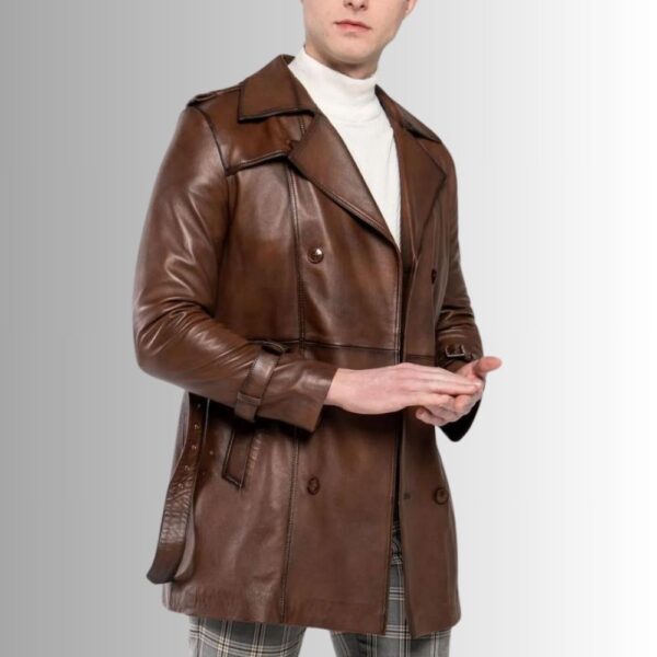Manteau en Cuir Homme Marron - Mi-Long, Style Élégant
