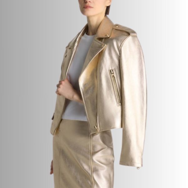 Blouson Cuir Doré Femme - Veste Moto Brillante Style Court | French Veste