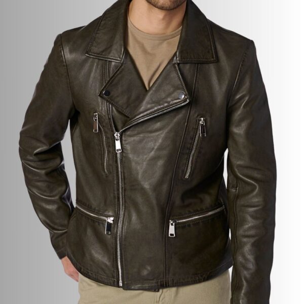 Perfecto Vert Kaki – Veste cuir homme style biker – Coupe asymétrique zippée