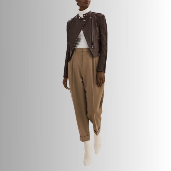 Blouson En Cuir Marron Femme - Manches Coupées