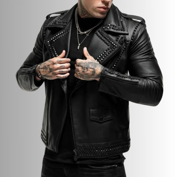 Rock Élite – Veste cuir cloutée homme – Biker noir en agneau véritable