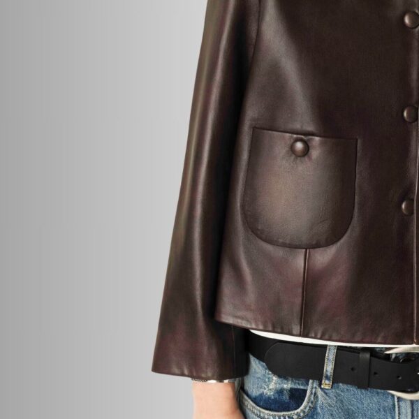 Veste Cuir Femme Marron Foncé - Col Peter Pan