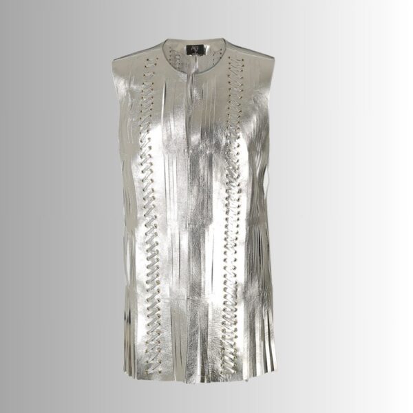 Gilet Long en Cuir Métallique Argenté pour Femme