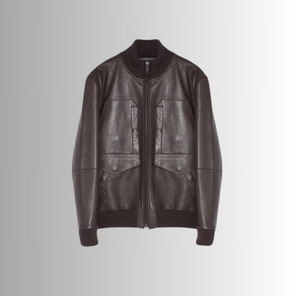 Veste Cuir Marron Homme – Col Tricoté – Moderne à Zip Avant