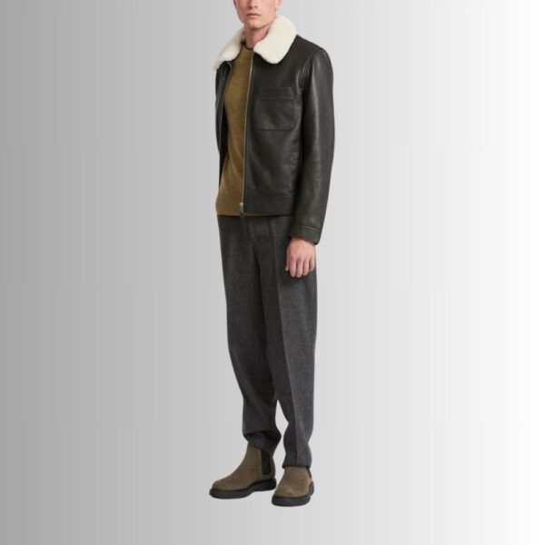 Noir Hiver – Veste cuir noir col mouton amovible – Élégance chaude