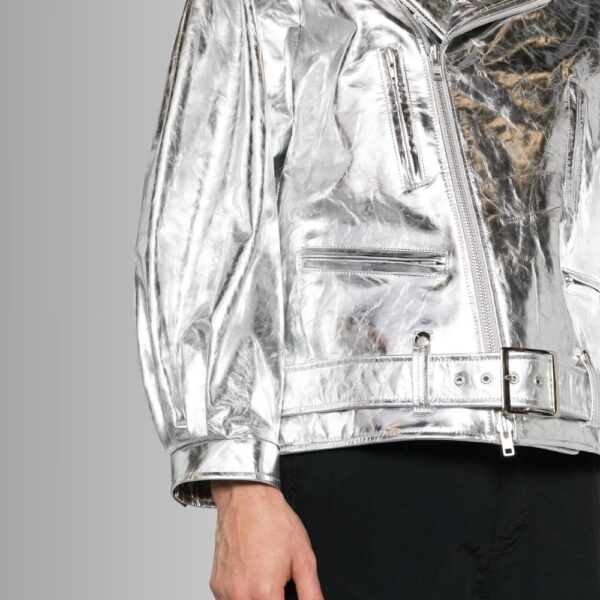 Chrome Surge – Veste Cuir Homme Argentée – Perfecto Oversize Métallique