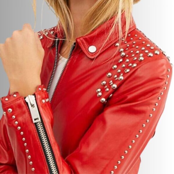 Veste Cuir Rouge Femme - Style Clouté